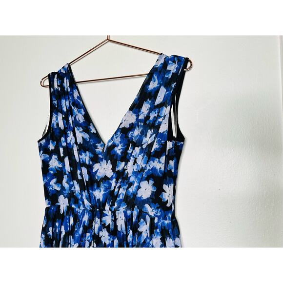 ML MONIQUE LHUILLIER Blue Black Melanie V-Neck Maxi Chiffon Dress size 6 - Picture 4 of 11